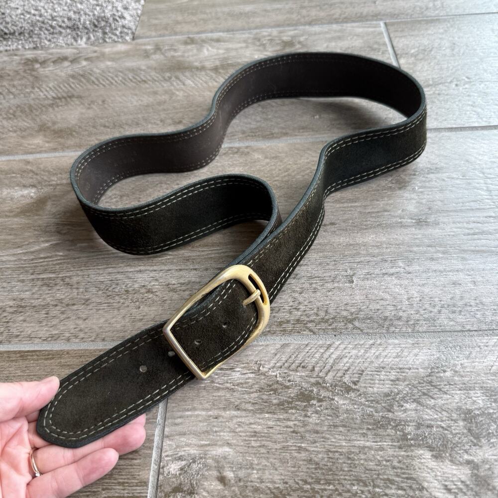 Vintage Brown Suede Leather Belt 40” XL 2” Wide Brass Buckle Contrast Stitch